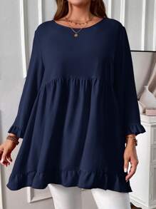 EMERY ROSE Plus Size Solid Color Round Neck Casual Everyday Long Sleeve Shirt - Navy Blue - View 3