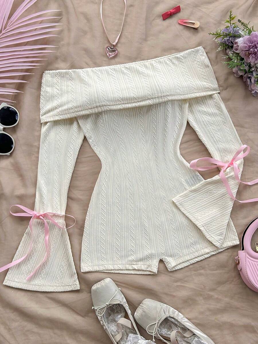 Soleia 1pc Casual Off Shoulder Flared Sleeve Belted Romper With Textured Fabric - Beige - View 1