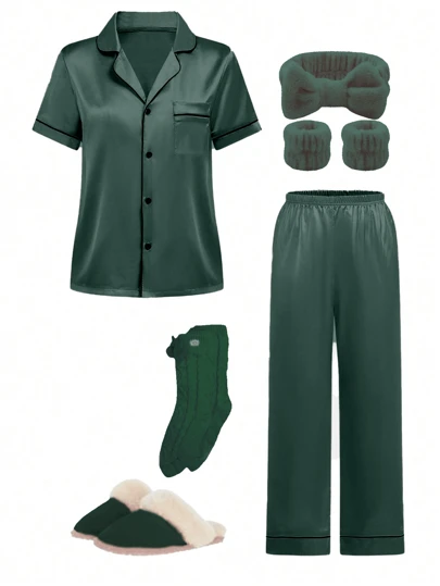 2 件套青少年女孩休闲优雅缎面短袖衬衫和裤子套装