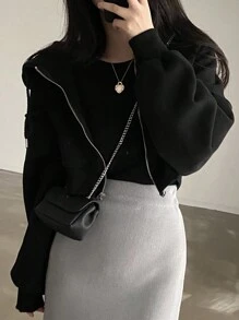 DAZY Women's Solid Color Front Zip Long Sleeve Minimalist Casual Hooded Short Plush Sweatshirt,Long Sleeve Tops,Fall Women Clothes Jacket