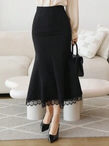 DAZY Lace Patchwork Fish Tail Skirt For Women,Ruffle,Fall Clothes Winter Women Skirts - Black - View 3