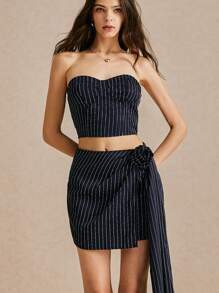 Poéselle Women 2pcs Navy Blue And White Striped Tube Top Suit,Three-Dimensional Flower Ribbon,Pleated Mini Skirt Set,Summer Elegant Date Night Outfit Sets - Navy Blue - View 2
