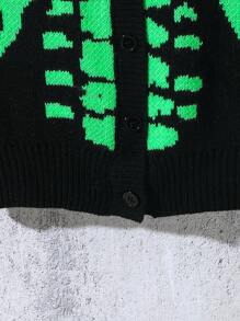 Teen Boy Skeleton Pattern V-Neck Button Down Long Sleeve Cardigan