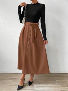 Chiquease Đầm Maxi Tay Dài Phối Nếp Gấp Phối Màu Có Thắt Lưng Maxi Nữ Trang Phục - màu nâu - Xem 3