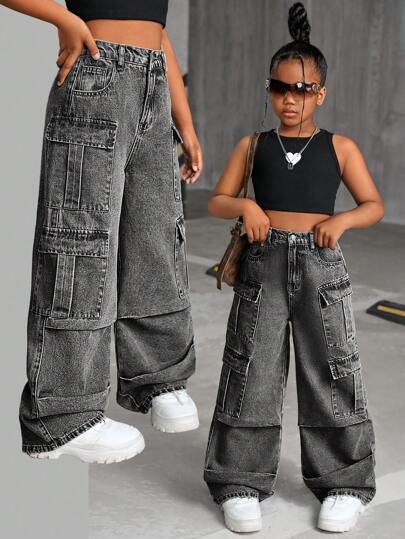 SHEIN Tween Girl Y2K 时尚复古水洗多口袋破洞工装牛仔裤宽松阔腿裤，秋季服装返校街头服饰