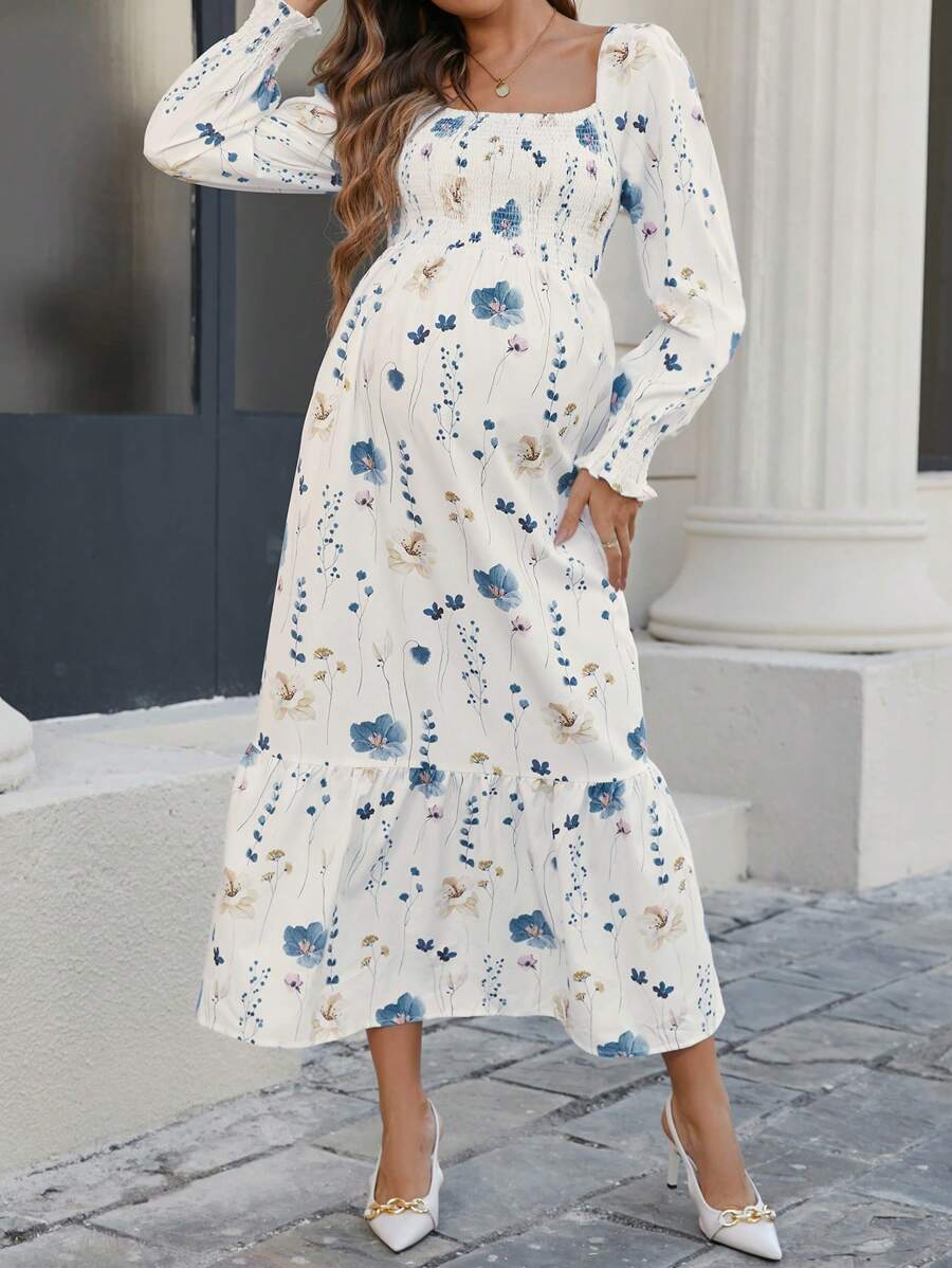 SHEIN Đầm dài in họa tiết hoa giản dị cho bà bầu, mùa thu - trắng - Xem 1