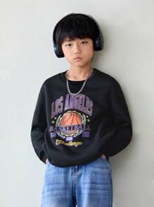SHEIN Leap Crew Tween Boy Basketball & Letter Graphic Sweatshirt - Black - View 5