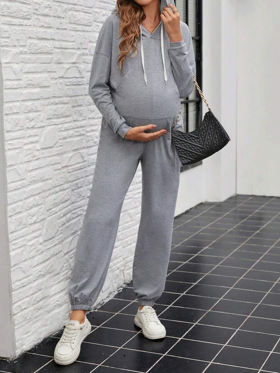 SHEIN 孕妇春秋休闲纯色抽绳连帽，抽绳连帽连体裤，孕妇装 - 淺灰色 - 查看 1