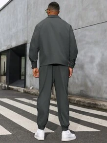 Manfinity Homme Plus Size Men 2pcs/Set Solid Color Button Up Long Sleeve Jacket With Pockets And Pants Casual Suit - Dark Grey - View 2