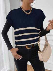 Chiquease Chaleco holgado de punto casual con cuello redondo a rayas para mujer, otoño/invierno - Azul Marino - Ver 4