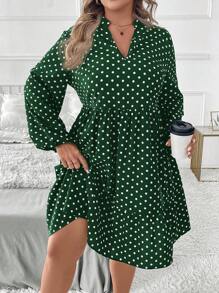 SHEIN Clasi Plus Size Solid Color Polka Dot Print V-Neck Long Sleeve Dress