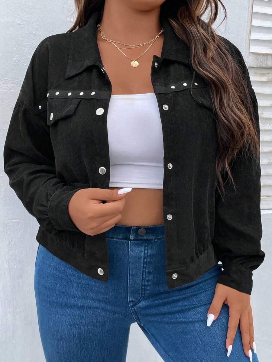 SHEIN CURVE+ 大码女式秋季铆钉装饰落肩长袖短款休闲夹克