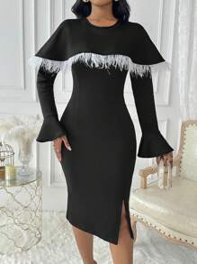 SHEIN Clasi 1 chiếc váy midi xẻ tà tay loe nhún bèo thanh lịch cho nữ - màu đen - Xem 5