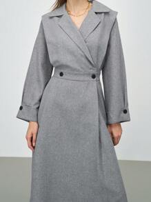 Mulvari 女士纯色前纽扣长袖立领简约休闲中长连衣裙 - 灰色 - 查看 5