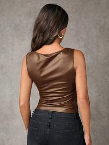 SHEIN BAE Camiseta de tirantes de unicolor minimalista para mujer, uso diario casual - Marrón - Ver 2