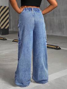 SHEIN Quần jeans cargo ống rộng, nhiều túi, phong cách Y2K dành cho bé gái tuổi teen, thích hợp cho mùa thu đi học. - Rửa trung bình - Xem 2