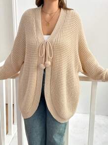 SHEIN Essnce Plus Size Women's Long-Sleeved Knitted Sweater Cardigan,Beige Elegant Fashion Everyday Smart Casual Commuting Thanksgiving Christmas Top Fall/Winter - Apricot - View 3