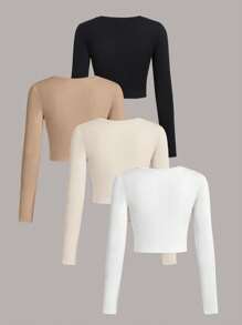 SHEIN Essnce 4pcs Women's Casual Minimalist Solid Color Round Neck Long Sleeve Cropped Fitted T-Shirt, Suitable For Spring/Summer - Multicolor - View 2