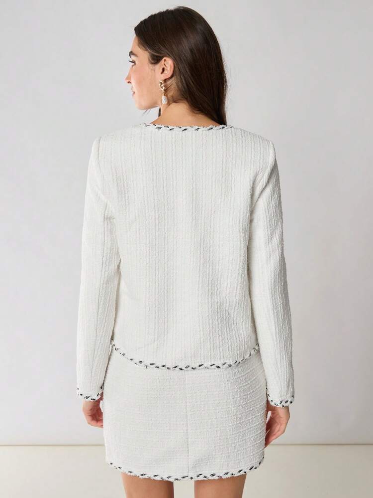 Autumn/Winter Romantic Women's White Elegant Exquisite Pearl Decor Office Wear Long Sleeve Tweed Jacket, Fall Women Clothes