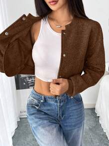 Chiquease Button Front Long Sleeve Crop Casual Jacket For Women, Minimalist American Style