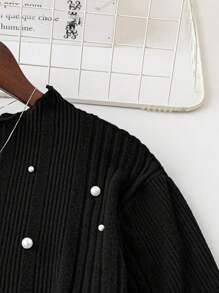 SHEIN LUNE Đầm dự tiệc cưới mùa thu/đông tay dài cổ đứng trang trí ngọc trai giả cỡ lớn cho nữ cỡ lớn - màu đen - Xem 4