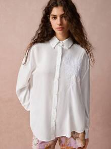 Enchnt Chemise décontractée à manches longues à épaules tombantes, à simple boutonnage, en jacquard fleuri pour femmes, automne - Blanc - Voir 8