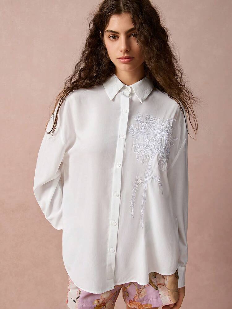 Women's White Floral Jacquard Embroidery Loose Drop Shoulder Long Sleeve Shirt, Elegant And Comfortable For Work, Interview, Winter Women's Clothing, Thanksgiving Women's Clothing, Thanksgiving Shirt