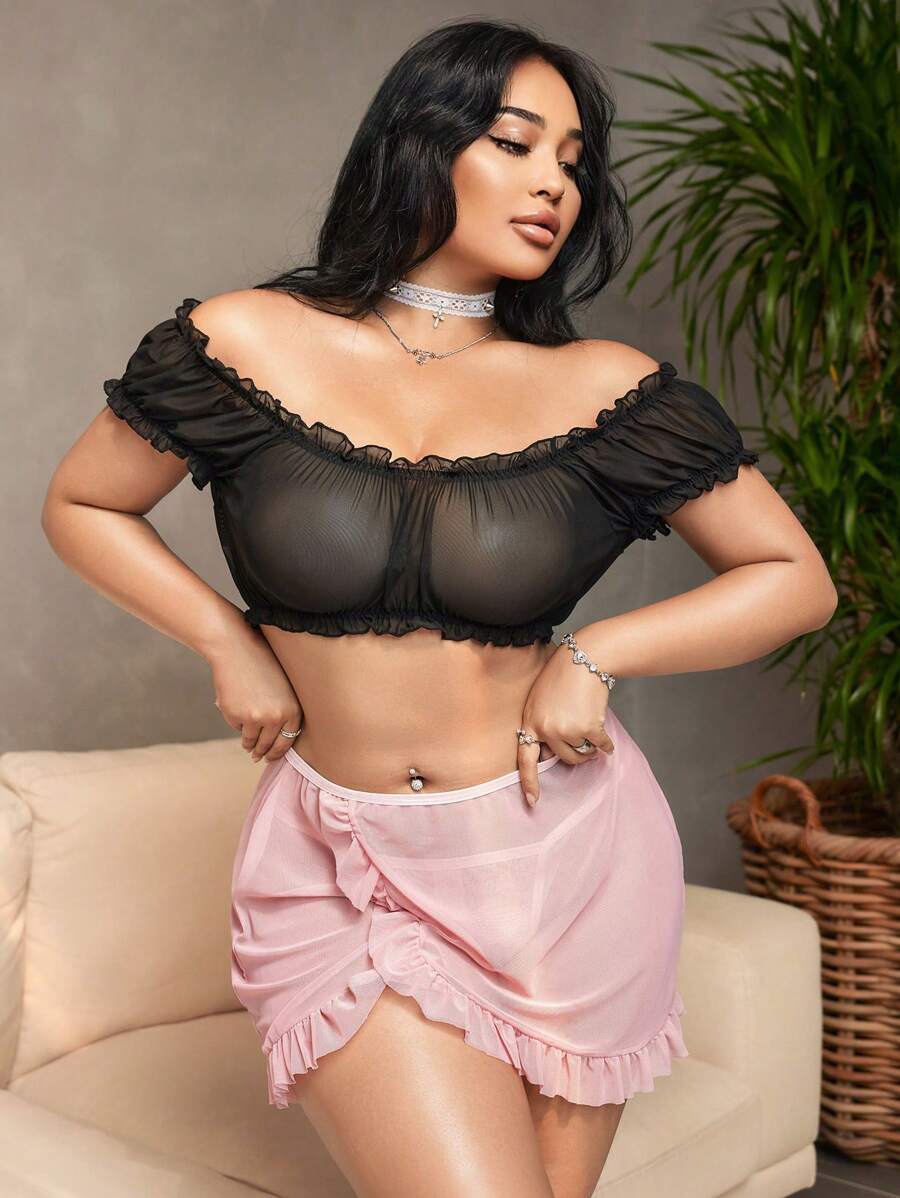 3pcs/Set Plus Size Women Ruffled Off-Shoulder Short Sleeve Sexy Lingerie Set - Multicolor - View 1