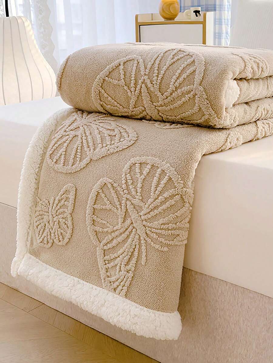 1pc Thickened Double-Layer Taffeta & Sherpa Fleece Blanket, Solid Color Jacquard Butterfly Flower Design, Multi-Purpose Couch Throw, Modern Minimalist Style, Soft & Warm For Bedroom, Sofa, Living Room, Washable In Winter