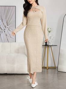 Modelyn Bộ 3 món dành cho nữ: Áo len cardigan tay dài dây mảnh, áo ba lỗ và chân váy midi dệt kim cáp, thanh lịch cho mùa thu/đông 2 món - Màu be - Xem 6