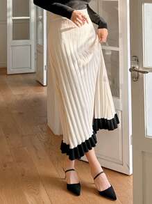 DAZY Chân váy xếp ly lưng thun 2 tông màu Thu Đông - Màu be - Xem 6