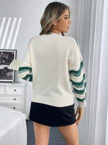 SHEIN LUNE Women Crew Neck Colorblock Stripe Print Casual Pullover Sweater Knit Pullover Fall Winter Outfit - Multicolor - View 2