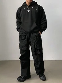 DAZY Men's Letter & Star Pattern Hoodie Sweatshirt, Autumn - Black - View 6