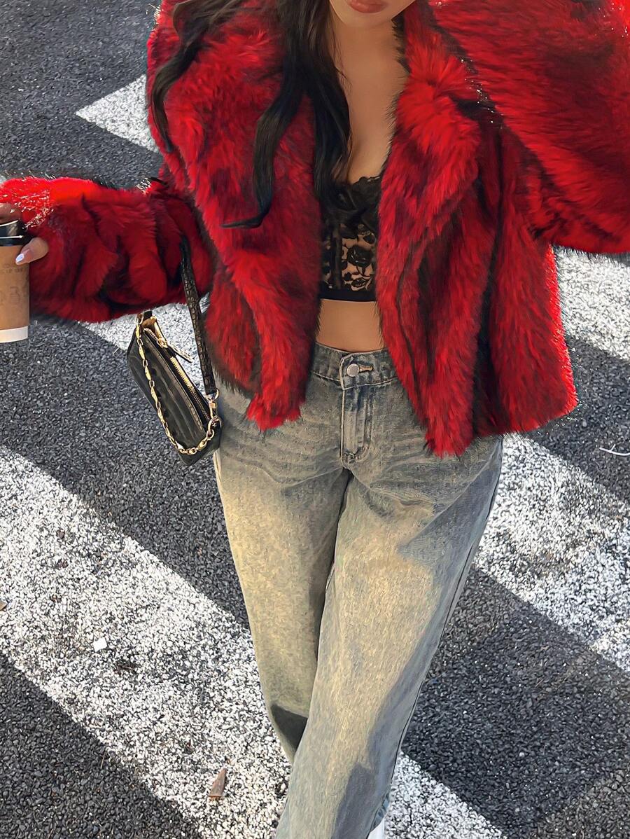 SHEIN Unity 1pc Solid Color Fluffy Luxurious Long Sleeve Coat, Winter For New Year Clothes - Red - View 1