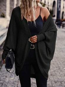 SHEIN Frenchy Women Solid Color Batwing Sleeve Open Front Casual Jacket, Autumn Winter Black Spring - Black - View 3