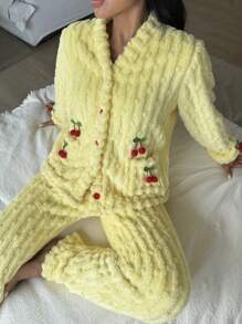Women Cute 3D Cherry Decoration Fleece Pullover & Pants Pajama Set, Autumn Winter - Yellow - View 6