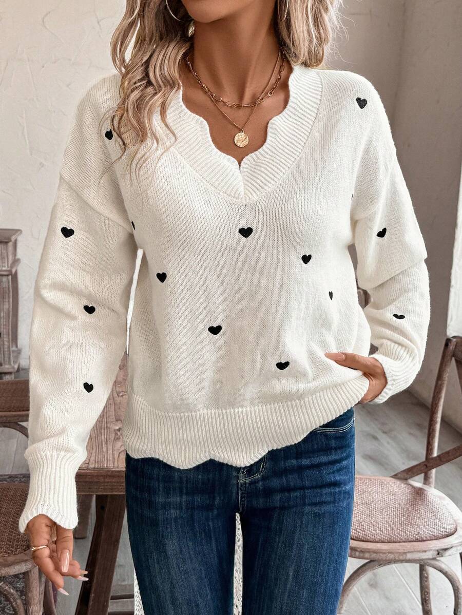 EMERY ROSE Women's Casual Heart Pattern V-Neck Drop Shoulder Long Sleeve Sweater, Autumn/Winter - Apricot - View 1