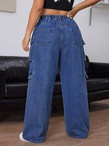 CovetEZ Plus Size Solid Color Pocketed Casual Loose Fit Boyfriend Jeans - Blue - View 2