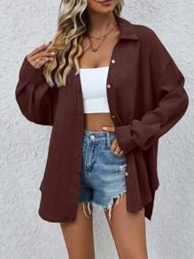 SHEIN LUNE 1 件休闲简约纯色落肩宽松衬衫，秋季 - 中紫紅色 - 查看 1