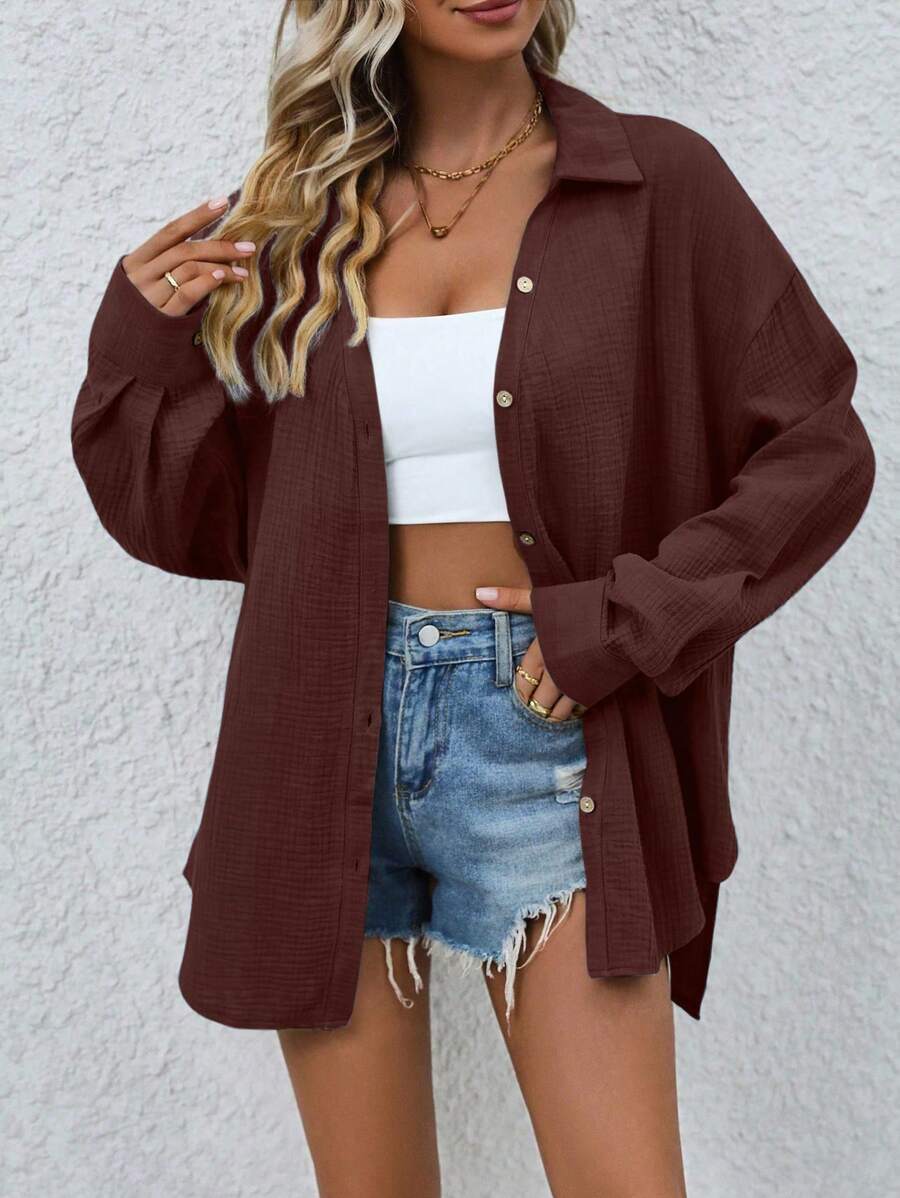 SHEIN LUNE 1 件休闲简约纯色落肩宽松衬衫，秋季 - 中紫紅色 - 查看 1