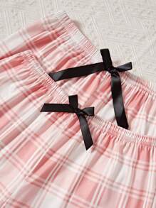 Bộ đồ ngủ 3 món cho nữ: Áo hai dây màu trơn, quần short họa tiết kẻ caro và quần dài - Hồng - Xem 6