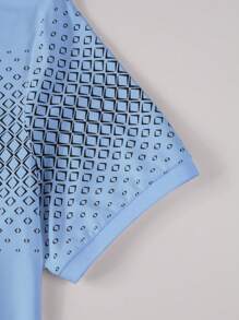 Manfinity Homme 男士休闲几何印花短袖 Polo 衫，夏季 - 藍色 - 查看 6