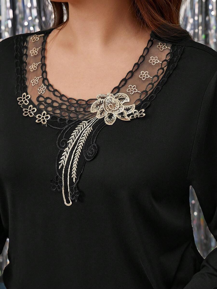 EMERY ROSE Women's Fashion Versatile Solid Color Collar & Cuff Gold Floral Trim Design Layering Tee, Plus Size, Suitable For Halloween, Christmas, New Year, Valentine's Day, Thanksgiving Party Fall Cloth For Women - Black - View 1