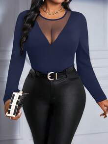 SHEIN Lady 2025 New Spring And Summer Autumn And Winter Elegant Navy Blue Knitted Round Neck Long Sleeve Contrast Mesh Plus Size T-Shirts Halloween Plus Halloween Clothes Stylish Clothing Collection Winter Clothes For Women