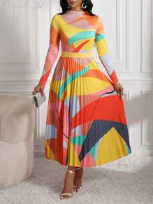 SHEIN Lady 女式休闲拼色拼布褶边两件套秋季服装