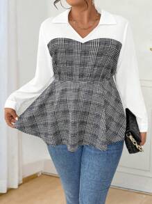 SHEIN Clasi Blusa con escote en V y volantes de cuadros para mujer de talla grande, adecuada para primavera y otoño