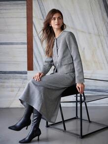 GENKIRA 2pcs Women Vintage  Tweed Jacket With Crystal Embellishment And Long Skirt Set, Autumn/Winter Fall Cloth For Women - Grey - View 1