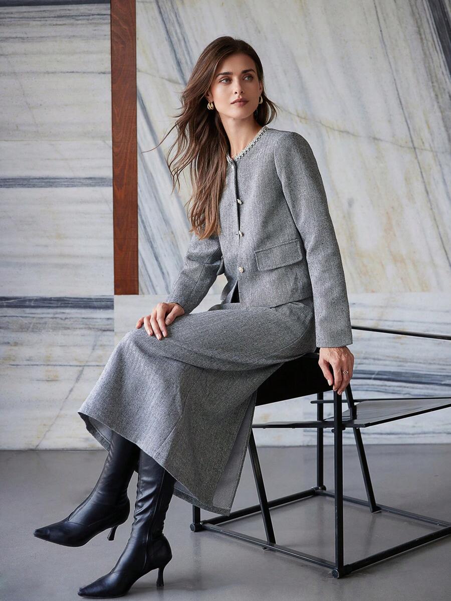 GENKIRA 2pcs Women Vintage  Tweed Jacket With Crystal Embellishment And Long Skirt Set, Autumn/Winter Fall Cloth For Women - Grey - View 1