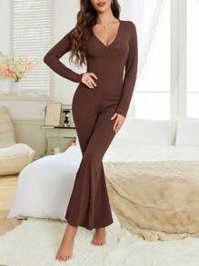 Pijama de una pieza informal con capucha y costillas en unicolor para mujer en otoño