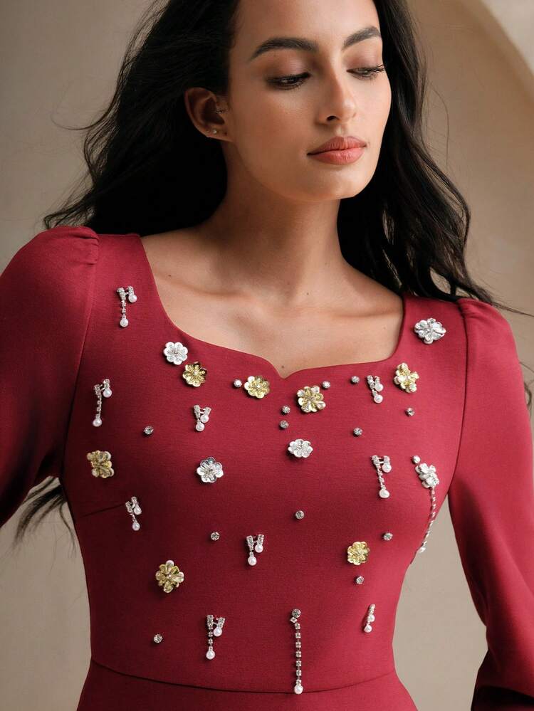 Christmas Square Neck Pearl Embellished Long Sleeve Waist Fitted Elegant Christmas Dress